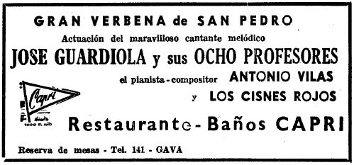Anuncio de la Verbena de San Pedro del restaurante-balneario Capri de Gav Mar con la actuacin de Josep Guardiola publicado en el diario La Vanguardia el 15 de Junio de 1965